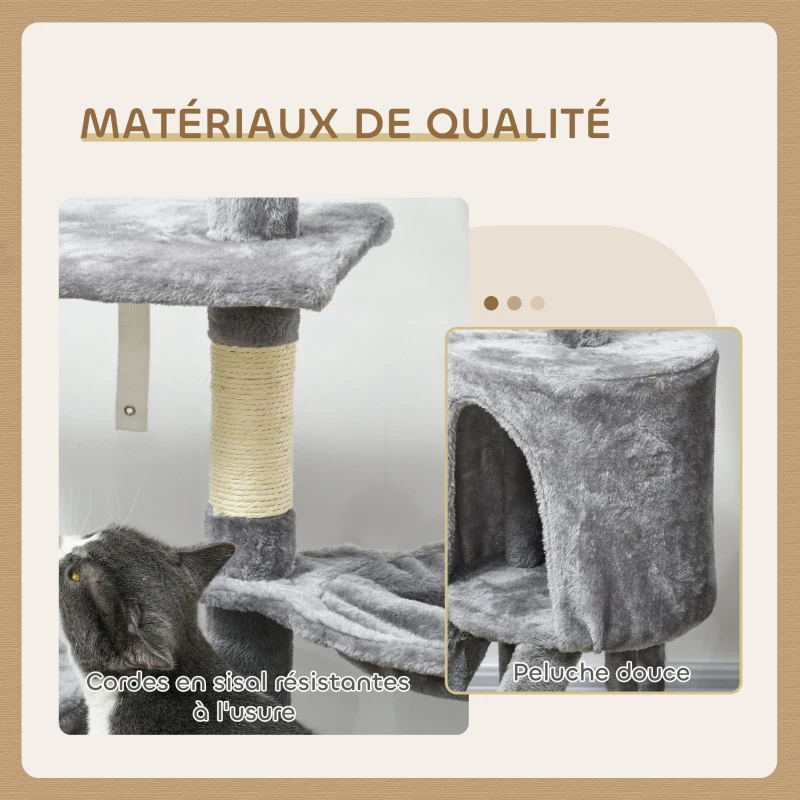 PawHut Arbre à chat tour de jeux pour chats avec griffoirs, plates-formes, échelle, hamac, 50 x 35 x 134,2 cm gris foncé