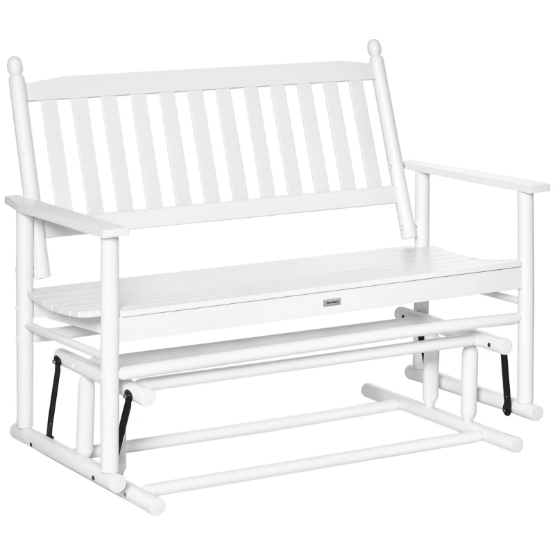 Outsunny Banco Balancín de Madera con Reposabrazos y Respaldo de Listones para Jardín Terraza Carga 250 kg 125x68,5x102 cm Blanco