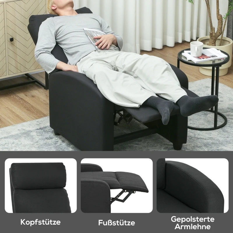 HOMCOM Relaxsessel, verstellbar 135°, ausziehbare Fußstütze, gepolsterte Lehnen, Leinen-Polyester, Schwarz(m-6)