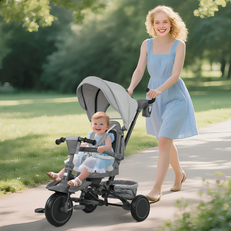 AIYAPLAY Triciclo Evolutivo 6 in 1 Pieghevole Seggiolino Girevole a 360° Maniglia Genitoriale Schienale Reclinabile Tettoia Grigio