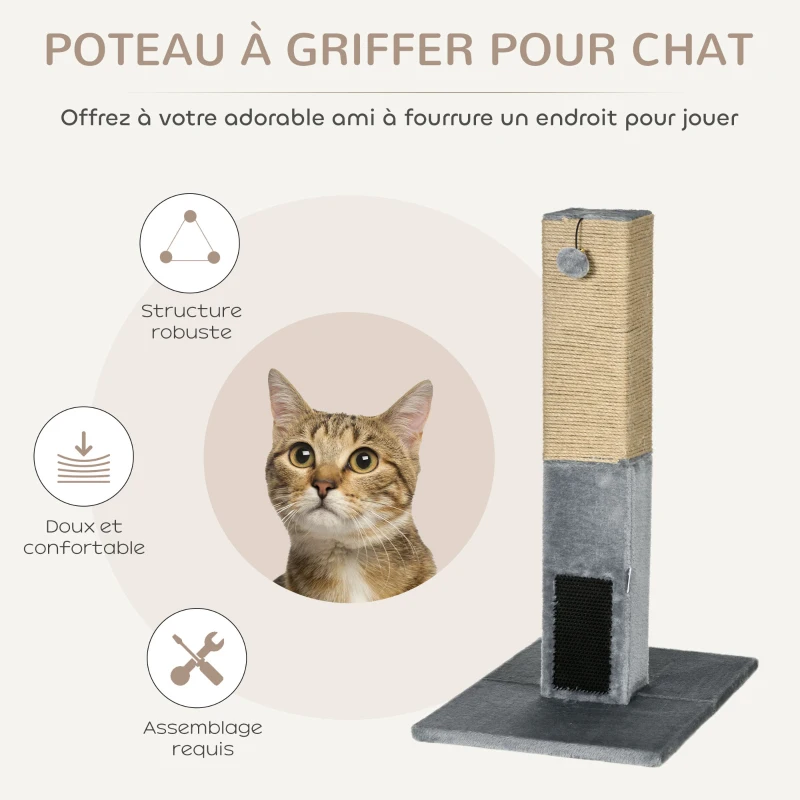 PawHut Poteau à gratter pour chat griffoir pour chat balle avec clochette 2 brosses de toilettage 59,5 x 39 x 79 cm beige gris