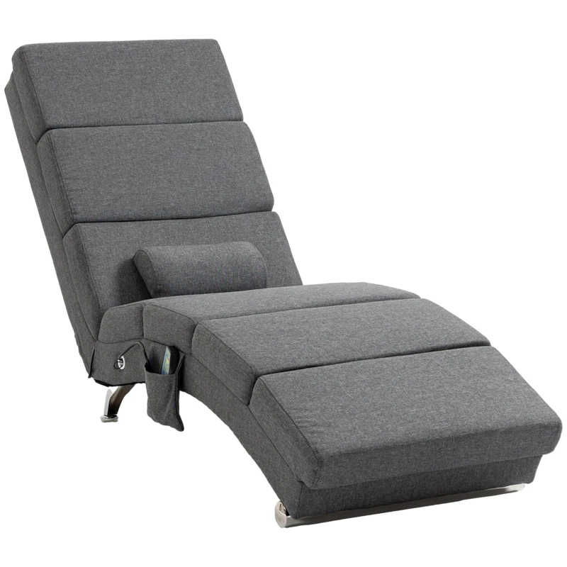 HOMCOM Fauteuil relax salon fauteuil de massage et chauffage meridienne avec télécommande et oreiller, tissu effet lin, gris