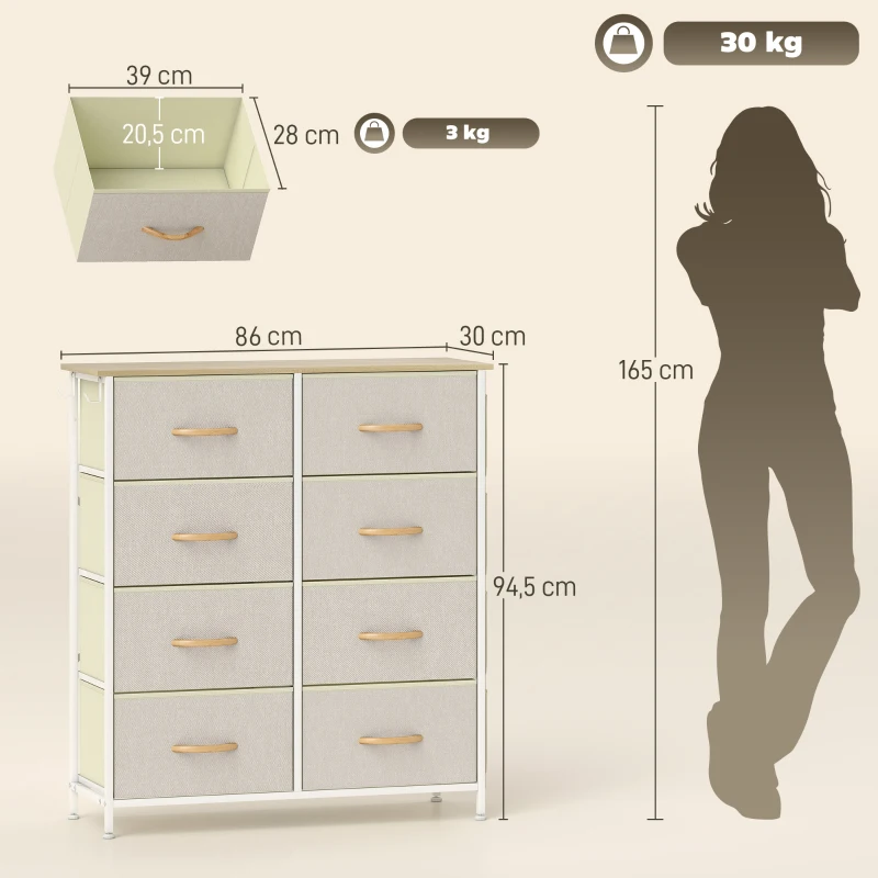 HOMCOM Commode 8 tiroirs en tissu, meuble de rangement avec 4 poches, 2 crochets, structure en acier, 86 x 30 x 94,5 cm, beige