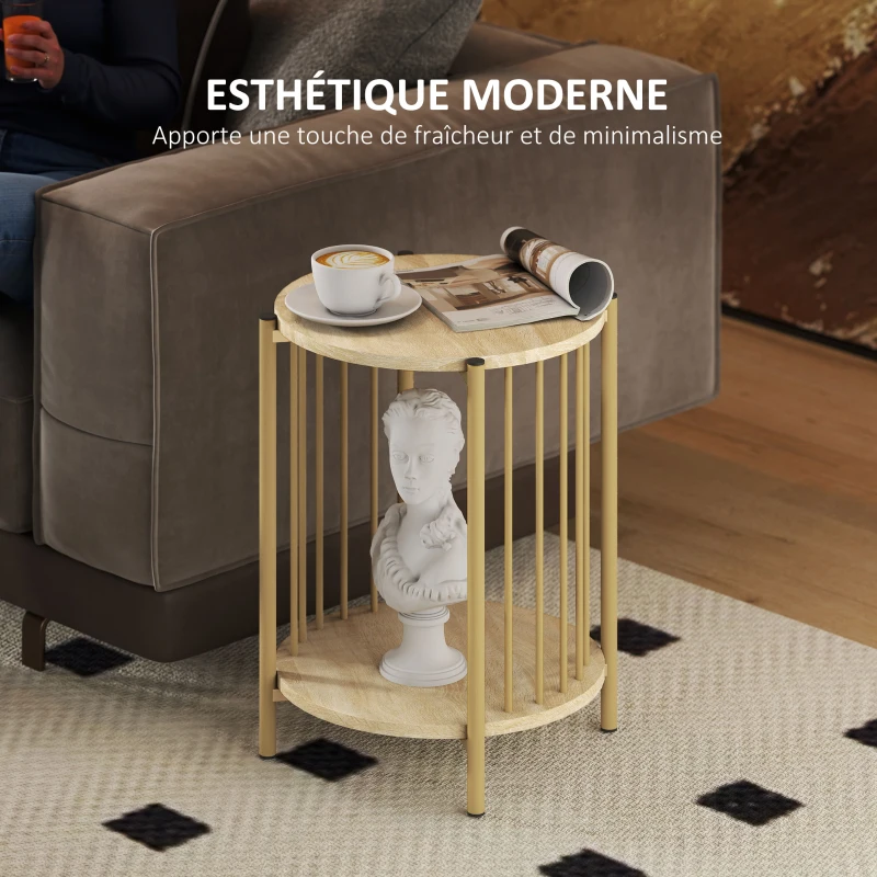 HOMCOM Table d'appoint, bout de canapé à 2 niveaux avec étagère de rangement et cadre en acier, Ø 41 x 49 cm effet bois naturel
