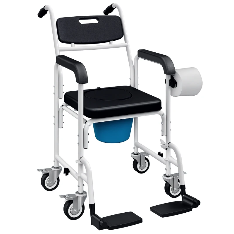 HOMCOM Sedia a Rotelle con WC Impermeabile 4 in 1 con Poggiapiedi Ribaltabili, in Alluminio e Plastica, Nero