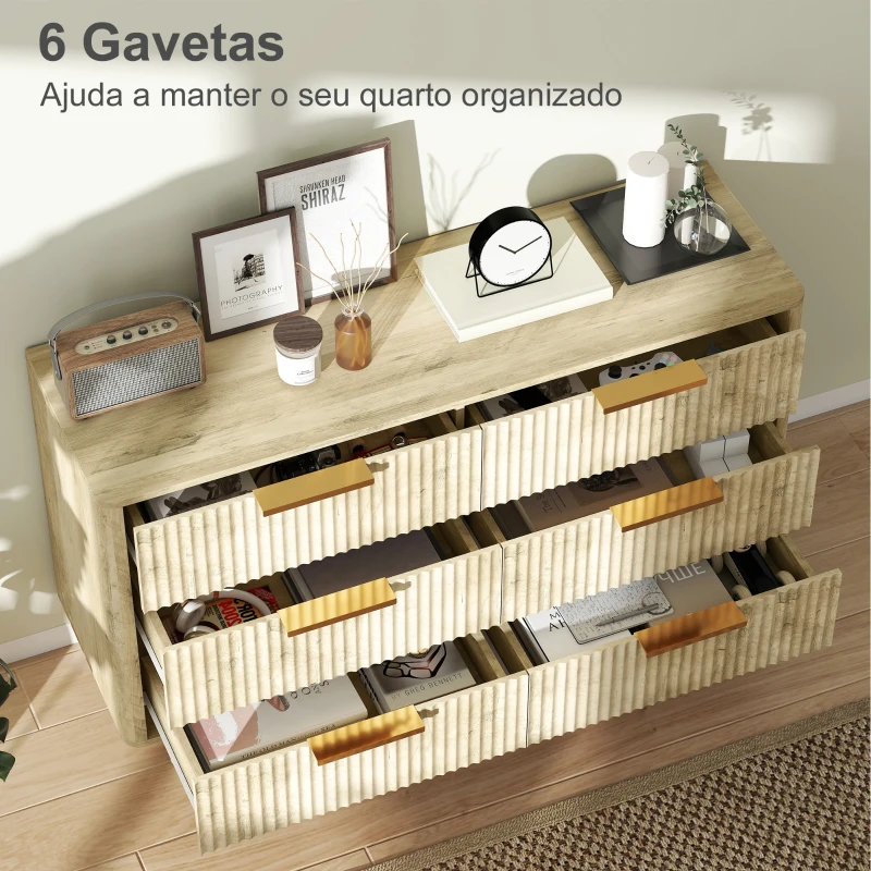 HOMCOM Cómoda com 6 Gavetas para Dormitório com Frentes das Gavetas Estriadas e Pés de Madeira 120x40x76 cm Madeira