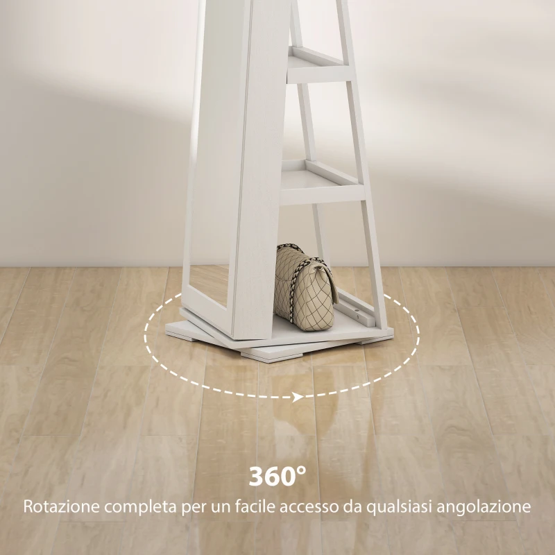 HOMCOM Specchio Portagioie Girevole per Camera da Letto con 2 Chiavi, in Legno Bianco e Vetro, 38x38x160 cm