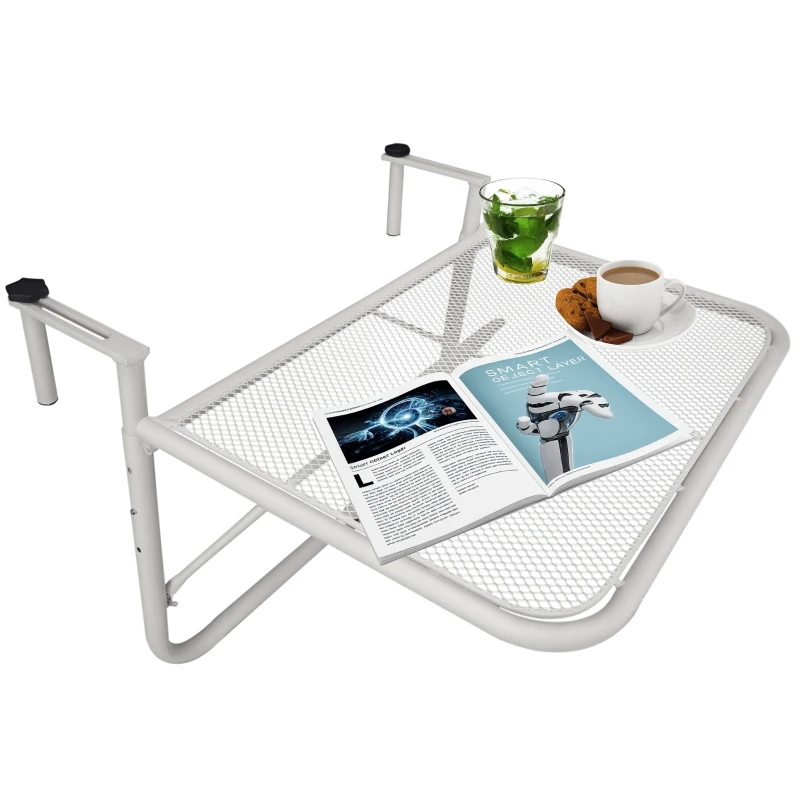 Outsunny Tavolo da Ringhiera con Ganci ad Altezza Regolabile su 3 Livelli, in Metallo, 60x56.5x45 cm, Bianco