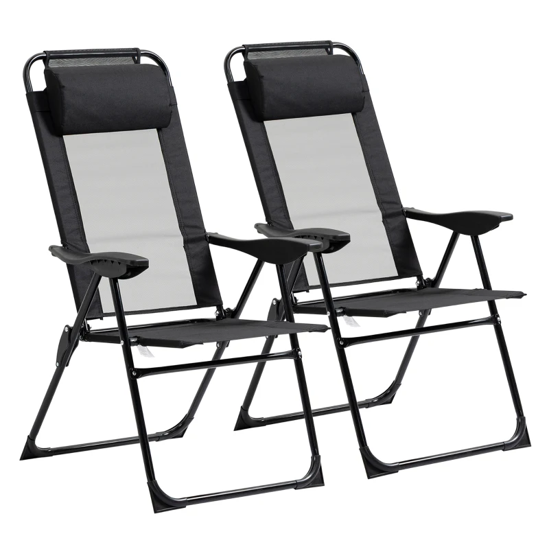 Outsunny Lot de 2 chaises de jardin set basic de 2 chaises pliantes chaise de camping chaise de balcon accoudoir dossier réglable en 5 positions oreiller amovible fourni tissu oxford textilène noir