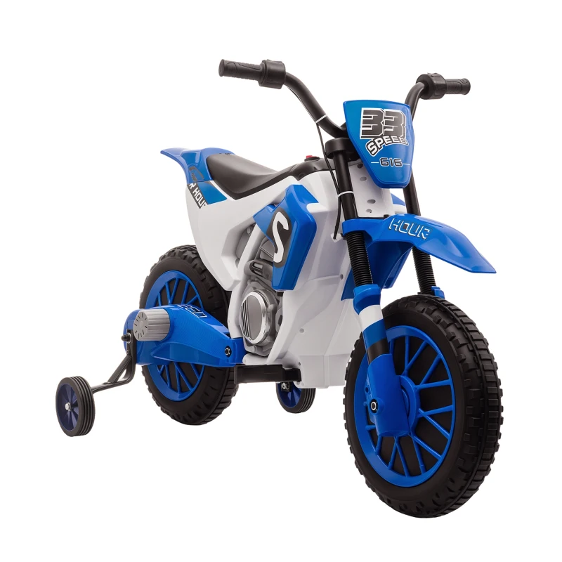 HOMCOM Moto da Cross Elettrica per Bambini da 3-5 Anni, Moto Elettrica per Bambini con Batteria 12V Ricaricabile e Rotelline Rimovibili, 106.5x51.5x68cm, Blu