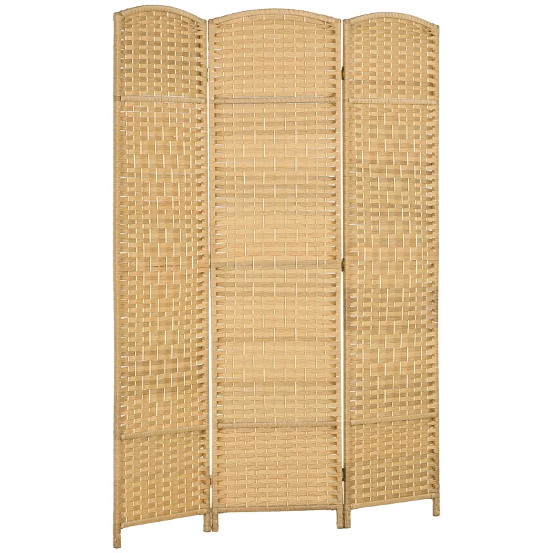 HOMCOM Paravan Interior Pliabil cu 3 Panouri Împletit din PP și Lemn de Pin, 135x1,7x180 cm, Lemn Natural