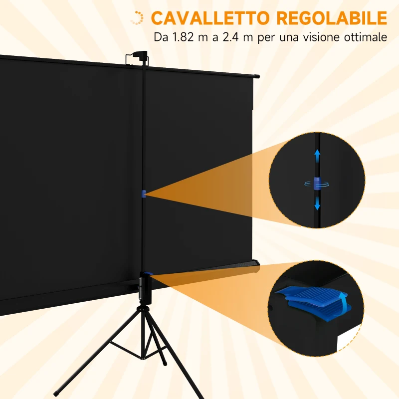 HOMCOM Telo Proiettore Pieghevole da 84" Formato 16:9 con Treppiede Regolabile, 200x8x118 cm, Nero