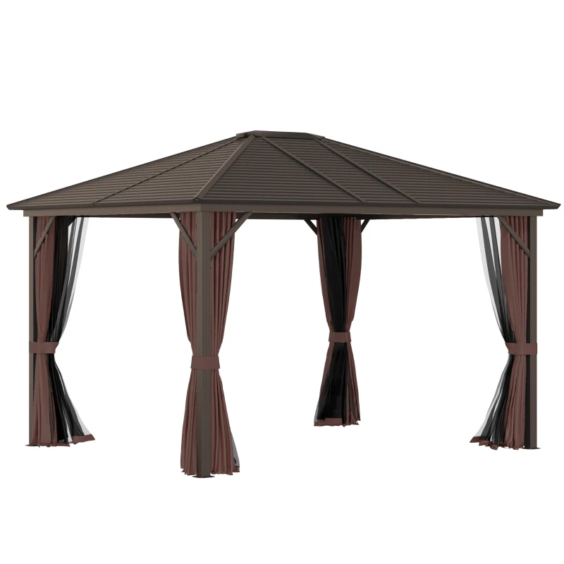 Outsunny Cenador de Jardín 300x365 cm Marco de Aluminio con Cortinas de Doble Capa y Techo Metálico para Reunión Familar Fiestas Bodas Negro y Marrón