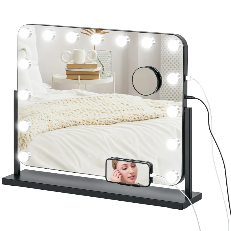 HOMCOM Espelho de Maquilhagem Estilo Hollywood com Luzes Espelho de Toucador Giratório com 14 Lâmpadas LED e Entrada USB 62,5x14x49,5 cm Preto