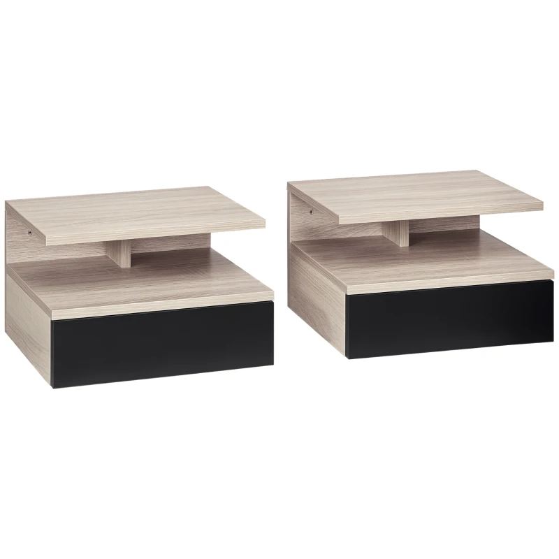 HOMCOM Lot de 2 Tables de Chevet murales - Lot de 2 Tables de Nuit - tiroir Coulissant, Niche, Plateau - Noir Chêne