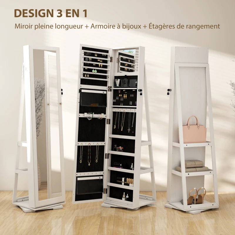 HOMCOM Armoire à Bijoux pivotante verrouillable boîte à bijoux avec Miroir - Armoire Bijoux Multi-Rangement - en Bois Blanc