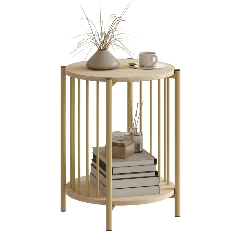 HOMCOM Table d'appoint, bout de canapé à 2 niveaux avec étagère de rangement et cadre en acier, Ø 41 x 49 cm effet bois naturel