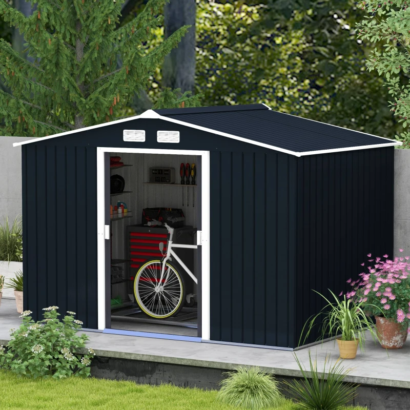Outsunny 9 x 6FT Metal Shed Roofed Garden Shed Outdoor Storage Shed with Foundation Ventilation & Doors, Dark Grey(m-10)