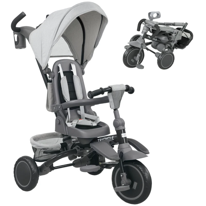 AIYAPLAY Triciclo Evolutivo 6 in 1 Pieghevole Seggiolino Girevole a 360° Maniglia Genitoriale Schienale Reclinabile Tettoia Grigio