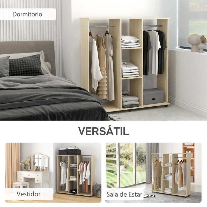 HOMCOM Armario para Ropa con Barra Estantes Abiertos Organizador para Colgar Ropa de Dormitorio 120x40x128 cm Natural