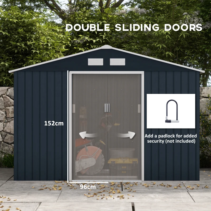 Outsunny 9 x 6FT Metal Shed Roofed Garden Shed Outdoor Storage Shed with Foundation Ventilation & Doors, Dark Grey(m-5)