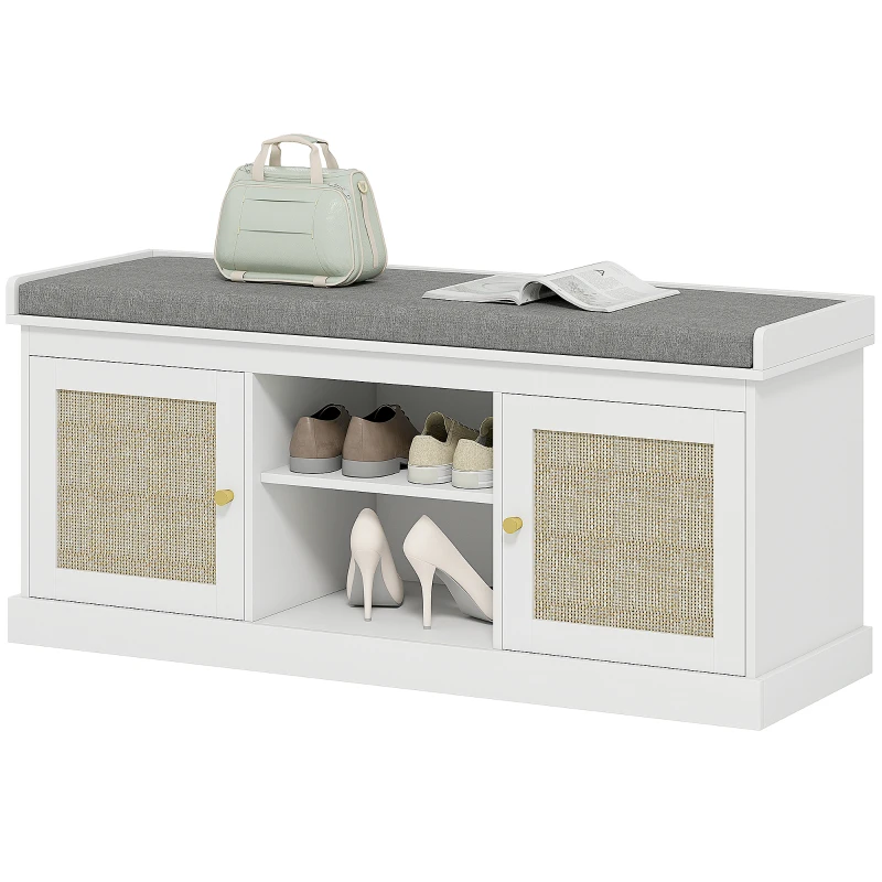 HOMCOM Schuhaufbewahrungsbank mit Rattan Fronten Verstellbare und offene Regale für Eingangsbereich Schlafzimmer 105x35x47 cm Weiß