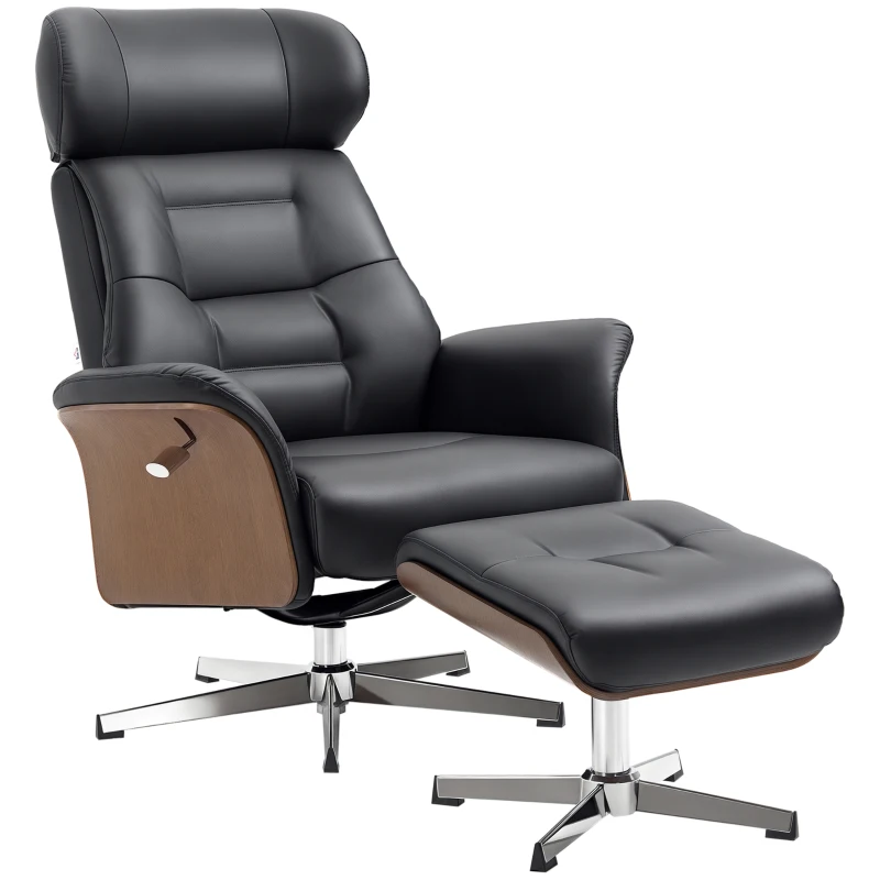 HOMCOM Relaxsessel mit Fußhocker, um 360° drehbar, Liegefunktion, Lesesessel, schwarz, 80 x 84 x 108 cm