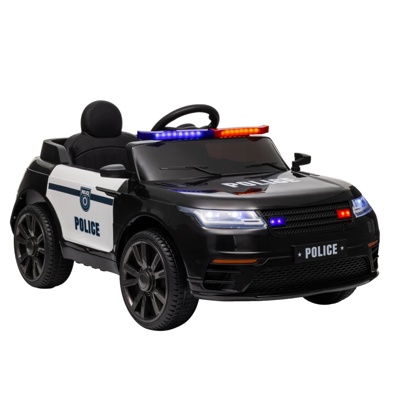 AIYAPLAY Coche Eléctrico Infantil de Policía con Batería 12V Mando a Distancia Faros Bocina Sirena Música Negro