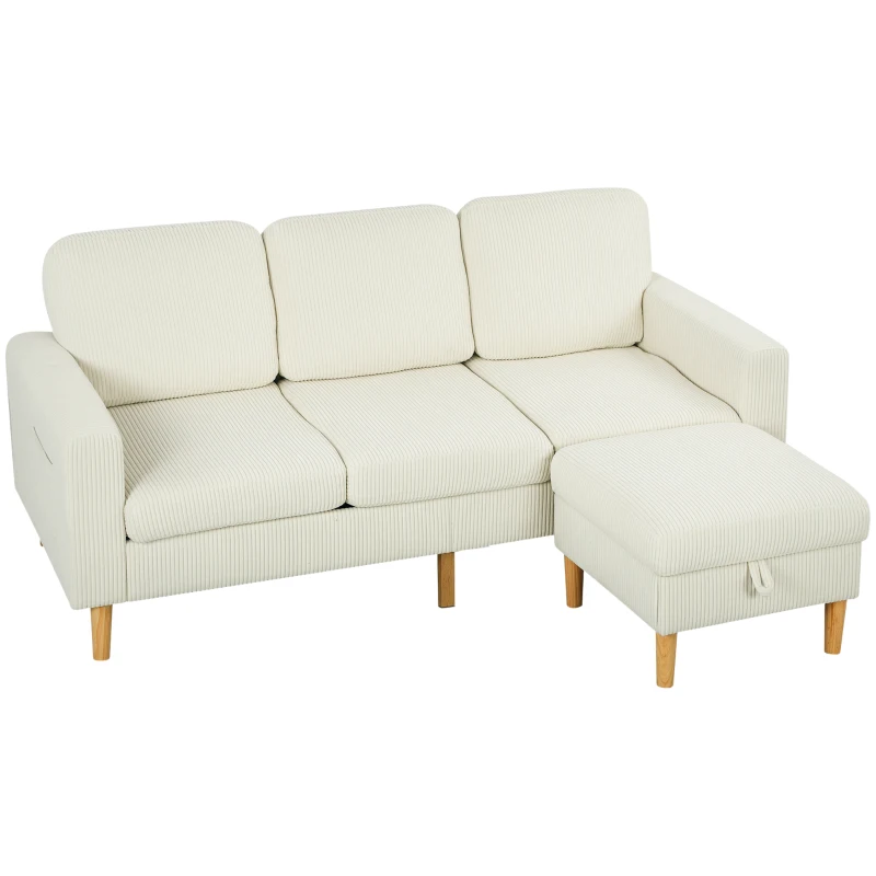 HOMCOM 3-Sitzer-Sofa mit Hocker, Rippenvelours-Sofa, gepolsterte Sitzfläche und Rückenlehne, 192x138x85cm, Beige