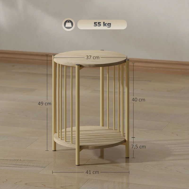 HOMCOM Table d'appoint, bout de canapé à 2 niveaux avec étagère de rangement et cadre en acier, Ø 41 x 49 cm effet bois naturel