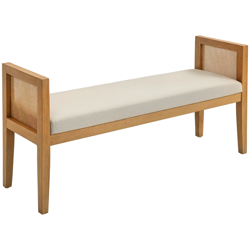HOMCOM Banc bout de lit en tissu aspect lin avec accoudoirs en rotin et cadre en bois massif 120 x 38 x 61,5 cm beige