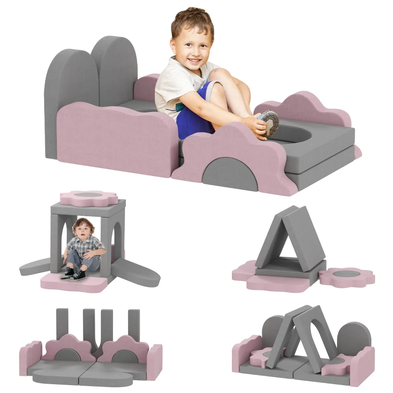 AIYAPLAY Set di 12 blocchi di schiuma per arrampicare, costruire, strisciare, tappetini da gioco in schiuma con cordura, Grigio+Rosa