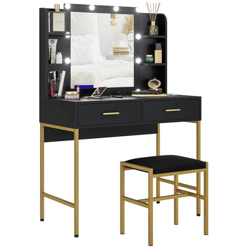 HOMCOM Tavolo da Trucco con 2 Cassetti, 6 Ripiani, Specchio e Sgabello, in Legno e Acciaio, 90x45x132.5 cm, Nero