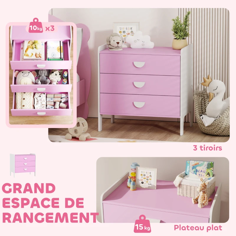 AIYAPLAY Commode pour enfants, commode rangement 3 tiroirs pour chambre d'enfant, crèche, salle de jeux, 60 x 40 x 60 cm, rose