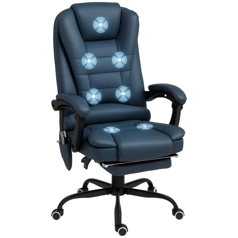 Vinsetto Poltrona da Ufficio con 7 Punti Massaggianti e Poggiapiedi, in Pelle PU e Acciaio, 67x67x111-121 cm, Blu