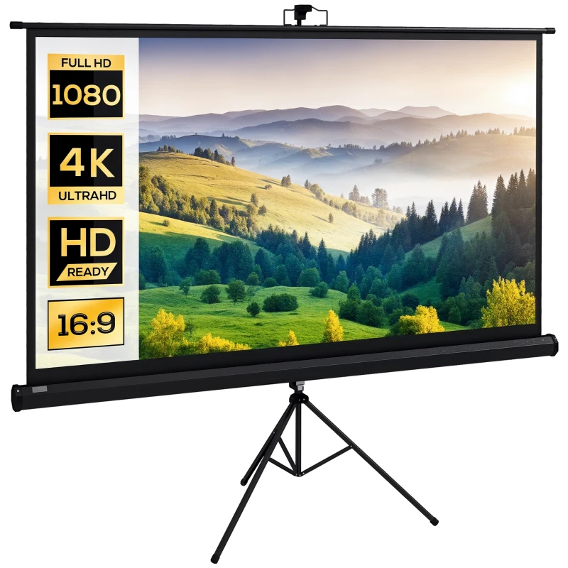 HOMCOM Telo Proiettore Pieghevole da 84" Formato 16:9 con Treppiede Regolabile, 200x8x118 cm, Nero