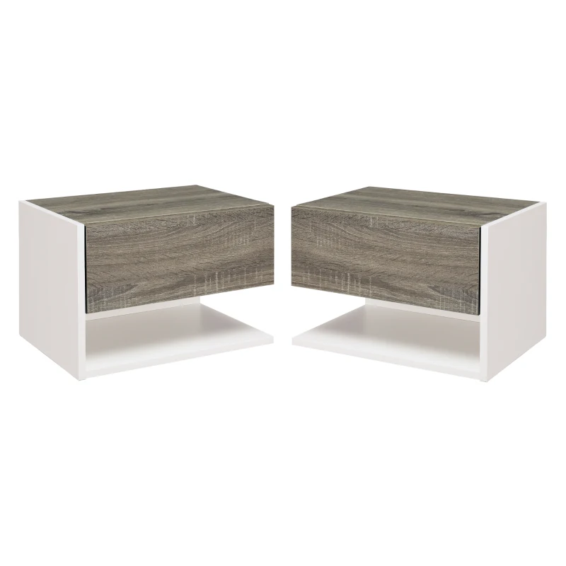HOMCOM Juego de 2 Mesitas de Noche Flotantes Mesitas de Noche Colgantes con 1 Cajón y Estante Abierto 46x30x30cm Roble y Blanco