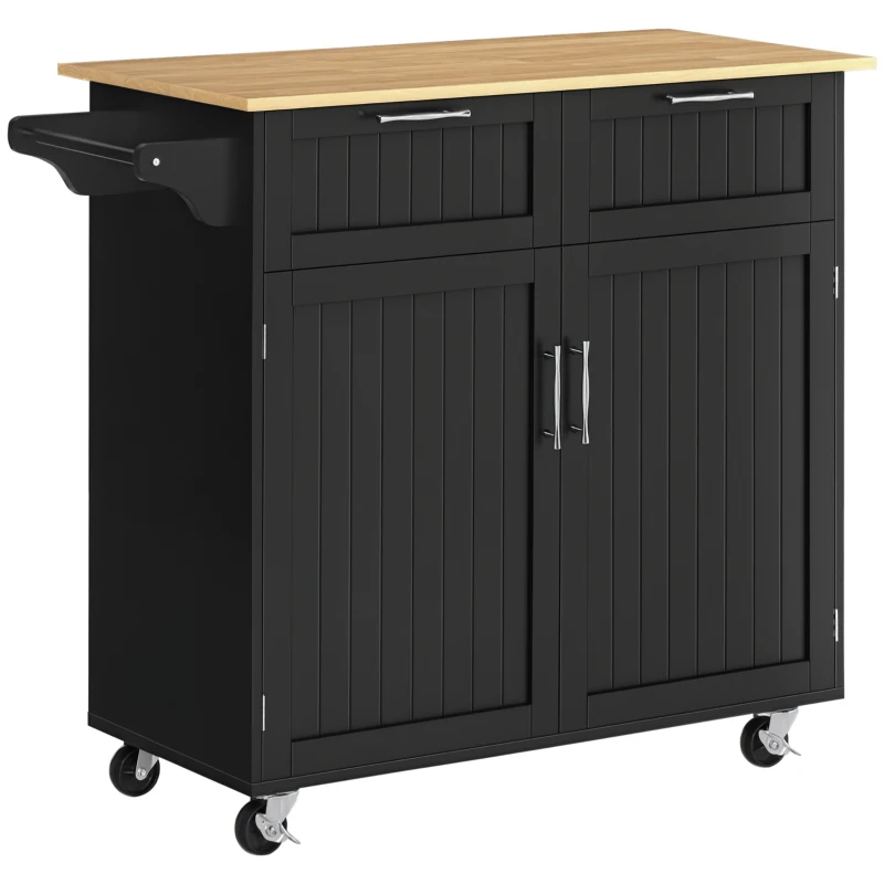 HOMCOM Carrello da Cucina Multiuso in Legno con 2 Cassetti, Armadietto e 4 Ruote, 104x46x91cm, Nero