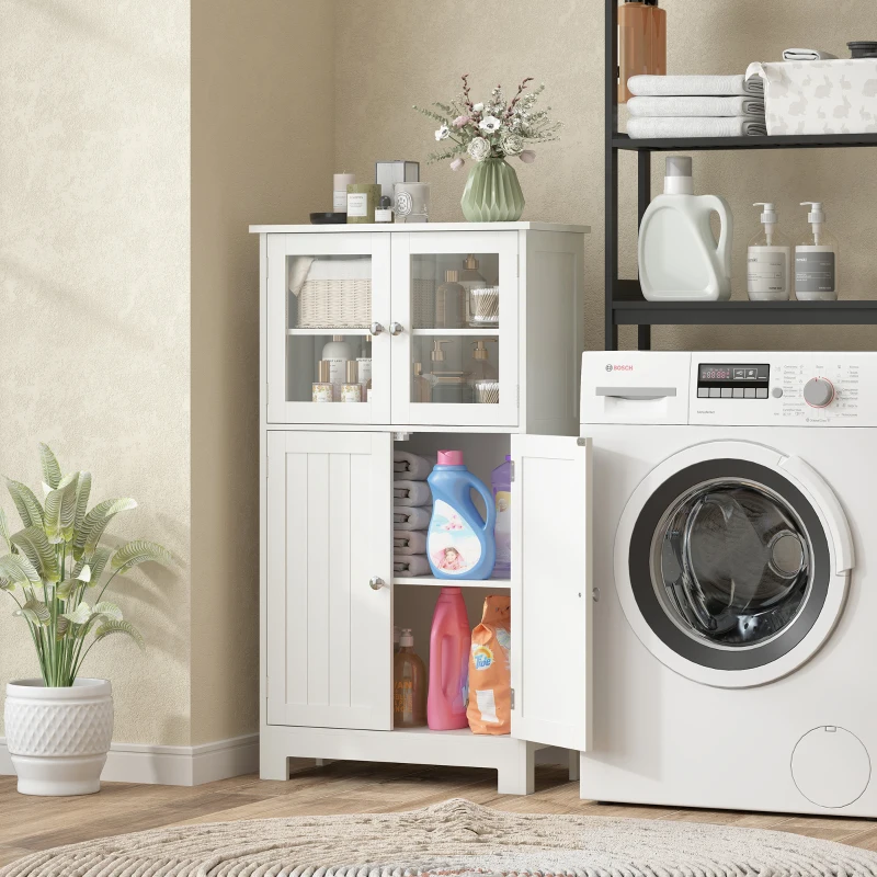 kleankin Mobiletto Bagno con due Armadietti, Ante in Vetro e Ripiano Regolabile, 60x30x108.5 cm, Bianco