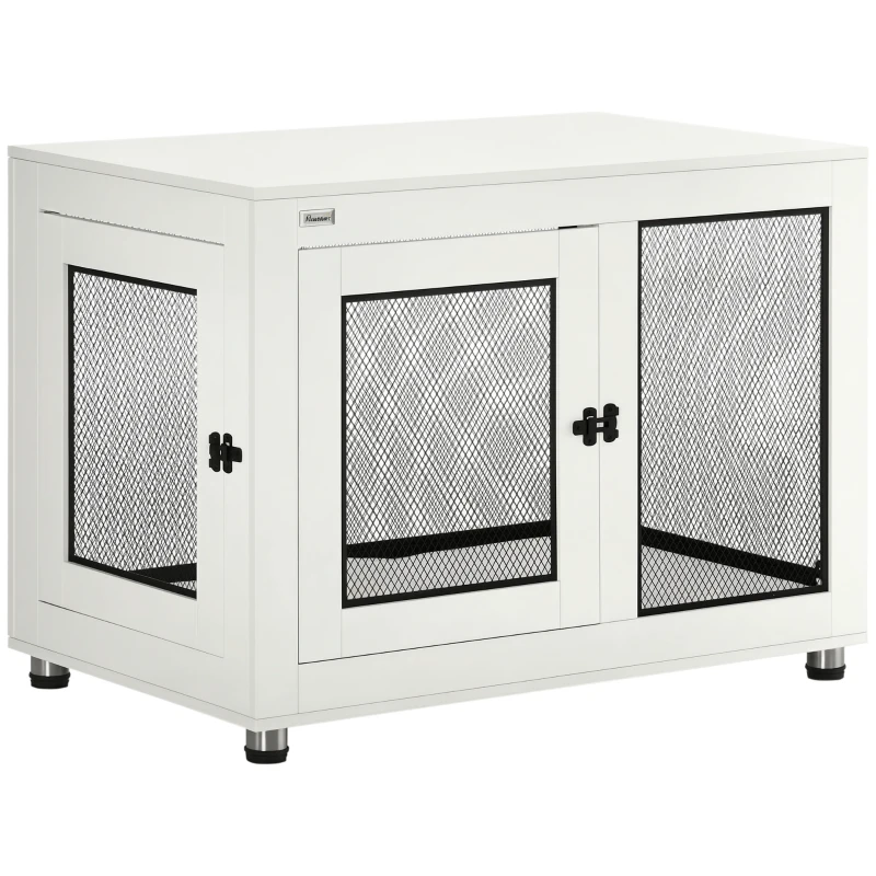 PawHut Jaula para Perros Medianos de Interior Mesa Auxiliar con 2 Puertas con Pestillo y Cojín 94x60x71,5 cm Blanco
