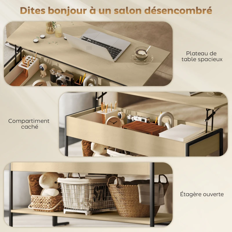 HOMCOM Table basse avec plateau relevable, table de salon avec compartiment caché et étagère ouverte, 95x40x59cm, bois naturel