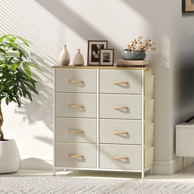 HOMCOM Commode 8 tiroirs en tissu, meuble de rangement avec 4 poches, 2 crochets, structure en acier, 86 x 30 x 94,5 cm, beige