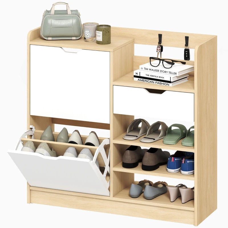 HOMCOM Schuhregal für Flur, Schuhschrank mit Kippschubladen, offenen Regalen, 4 Haken, für bis zu 14 Paar Schuhe, Weiß