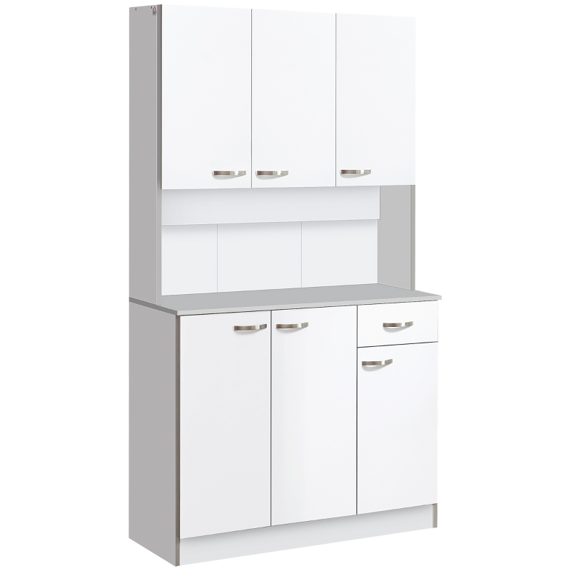HOMCOM Buffet de cuisine armoire de cuisine contemporaine multi-rangements 6 portes 1 tiroir + grand plateau dim. 101L x 39l x 180H cm panneaux particules blanc gris