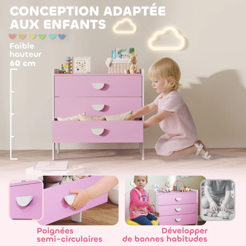 AIYAPLAY Commode pour enfants, commode rangement 3 tiroirs pour chambre d'enfant, crèche, salle de jeux, 60 x 40 x 60 cm, rose