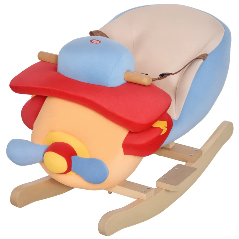 HOMCOM Cavallo a Dondolo a Forma di Aeroplano per Bambini di Età Superiore a 18 Mesi, Cacalluccio a Dondolo con Musica Incorporata in Legno Alamo, Max:60kg 60x33x45cm
