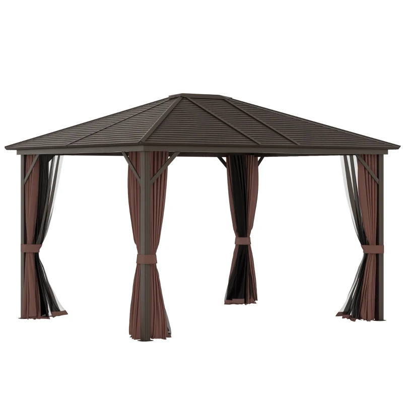 Outsunny Gartenpavillon mit Metalldach, 3 x 3,7 x 2,6m, 4 Vorhänge, wetterfest, Aluminium, braun