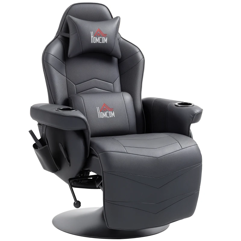HOMCOM Gamingsessel, Massagefunktion, neigbare Lehne, Fußstütze, bis 120 kg, Stahlrahmen, Kunstleder, Schwarz(m-11)