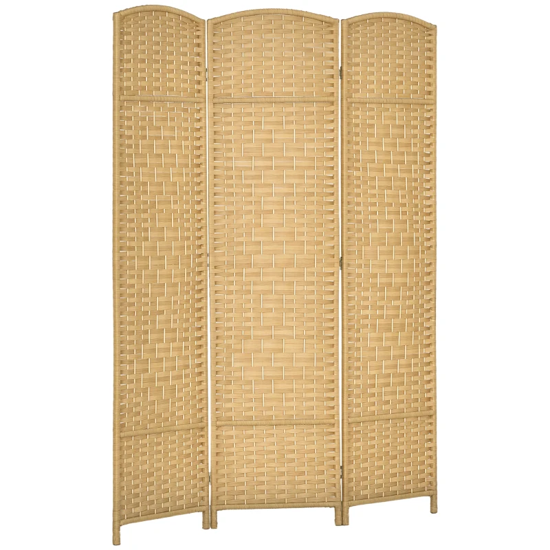 HOMCOM Paravan Interior Pliabil cu 3 Panouri Împletit din PP și Lemn de Pin, 135x1,7x180 cm, Lemn Natural