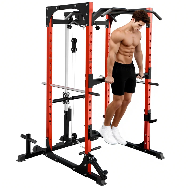 SPORTNOW Stație de Fitness cu Suport pentru Halteră, Discuri și Bară pentru Tracțiuni, 191x153x205 cm, Negru și Roșu